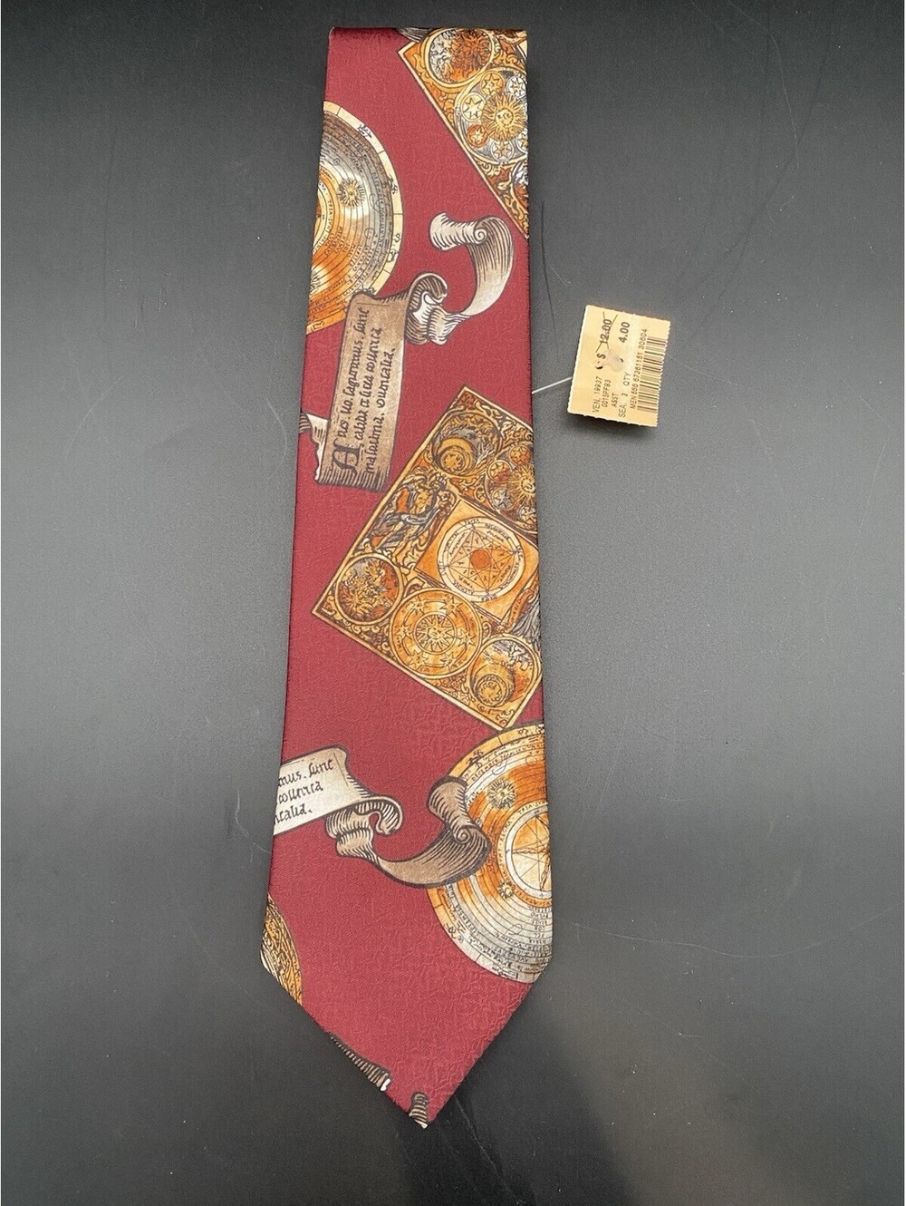 Del Cino Men's Deep Red Old World Calendar & Sundial Pattern Necktie - VTG NWT